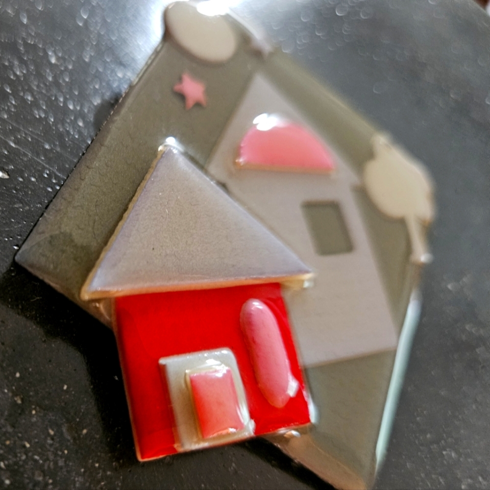 House Pins By Lucinda Red  Grey Pink 2 Houses Starry Night Moon 2" X 2.5"